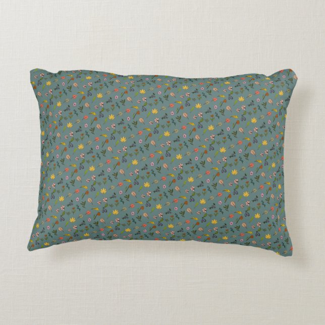 autumn pink red yellow flowers and leaves green accent pillow (Back)