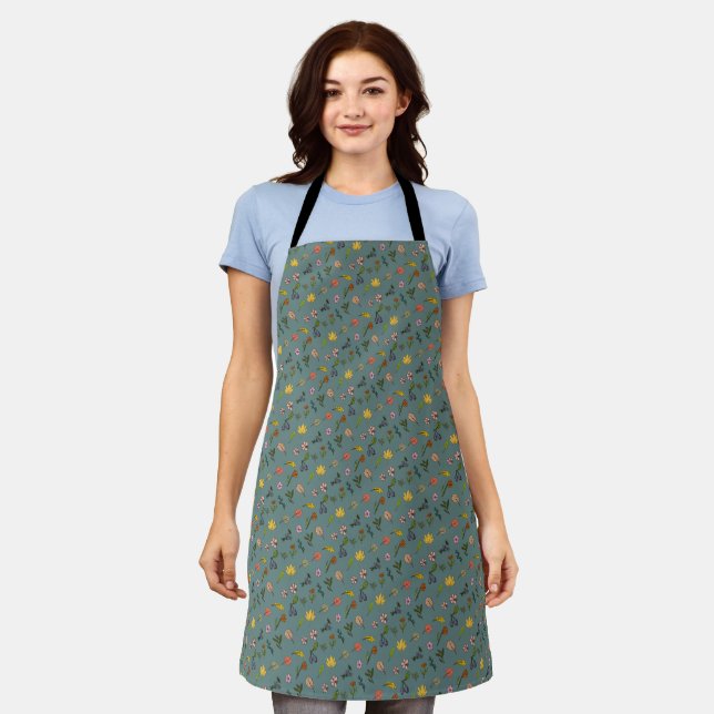autumn pink red yellow flowers and leaves green apron (Worn)