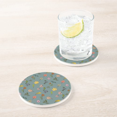 autumn pink red yellow flowers and leaves green coaster