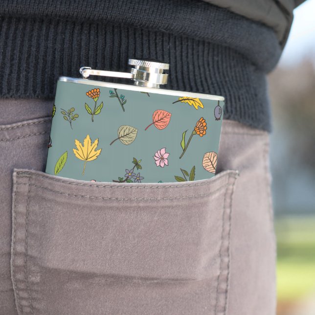 autumn pink red yellow flowers and leaves green flask (In Situ)