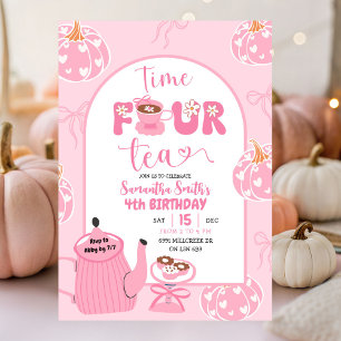 Autumn Pink Whimsical Retro Tea Girl 4th Birthday Invitation