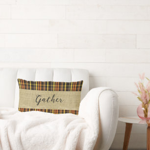 Autumn plaid and burlap with custom text lumbar pillow