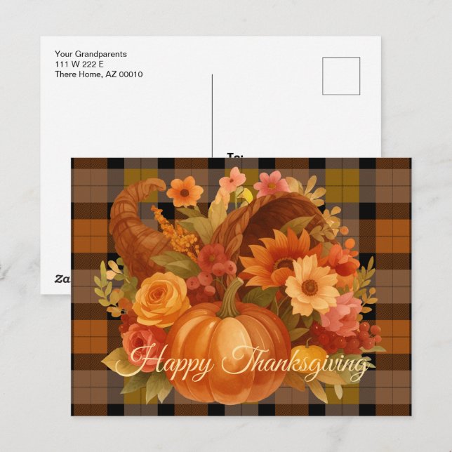 Autumn Plaid And Cornucopia  Holiday Postcard (Front/Back)