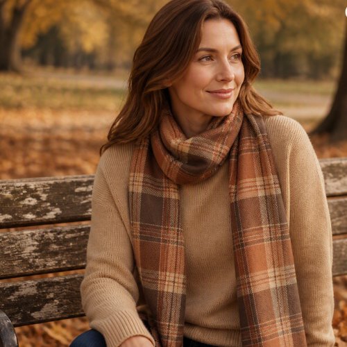 Autumn Plaid Burnt Orange & Brown Chiffon Scarf
