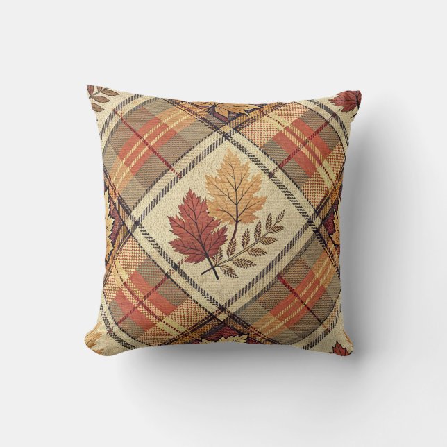 Autumn Plaid Maple Leaves Patchwork Tartan Pattern Throw Pillow (Front)