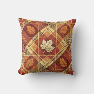 Autumn Plaid Maple Leaves Rustic Red Tartan Throw Pillow