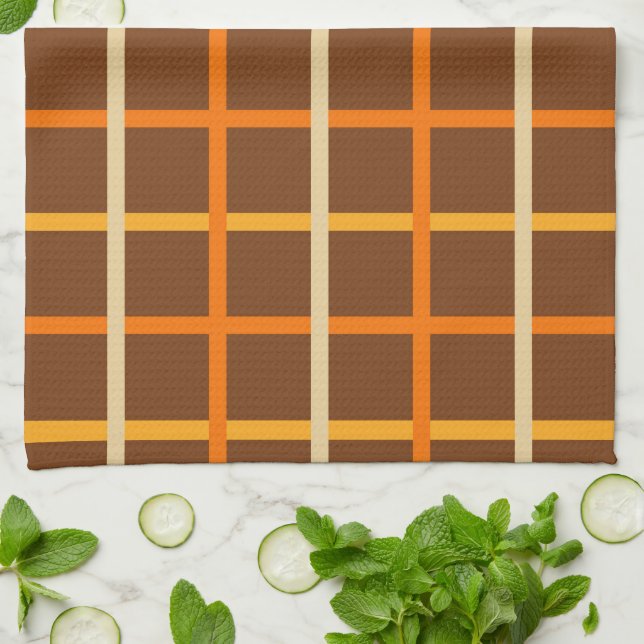 Autumn Plaid Pattern in Orange Green and Brown Kitchen Towel (Folded)