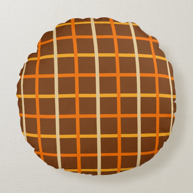 Autumn Plaid Pattern in Orange Green and Brown Round Pillow (Front)