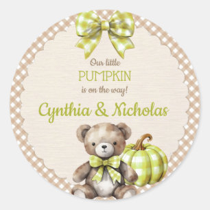 Autumn Plaid Teddy Bear Pumpkin Green Beige Classic Round Sticker