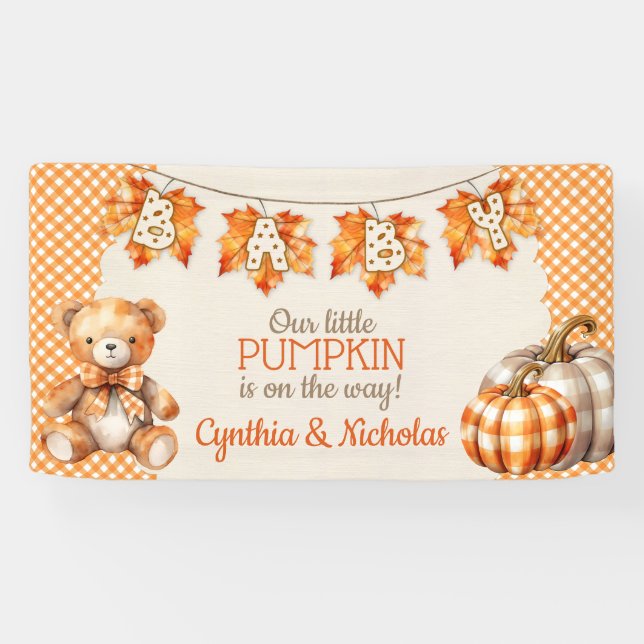Autumn Plaid Teddy Bear Pumpkin Leaves Banner (Horizontal)
