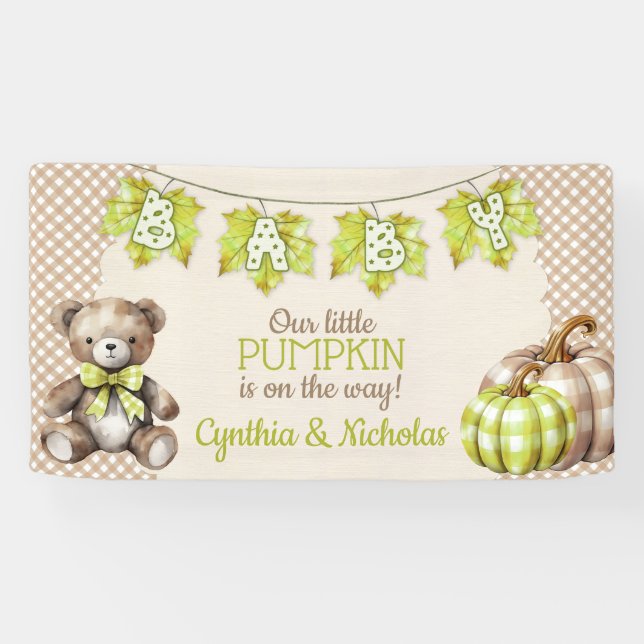Autumn Plaid Teddy Bear Pumpkin Leaves Banner (Horizontal)