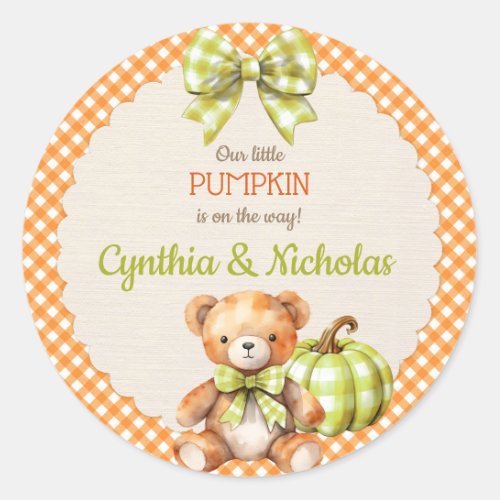 Autumn Plaid Teddy Bear Pumpkin Leaves Classic Round Sticker