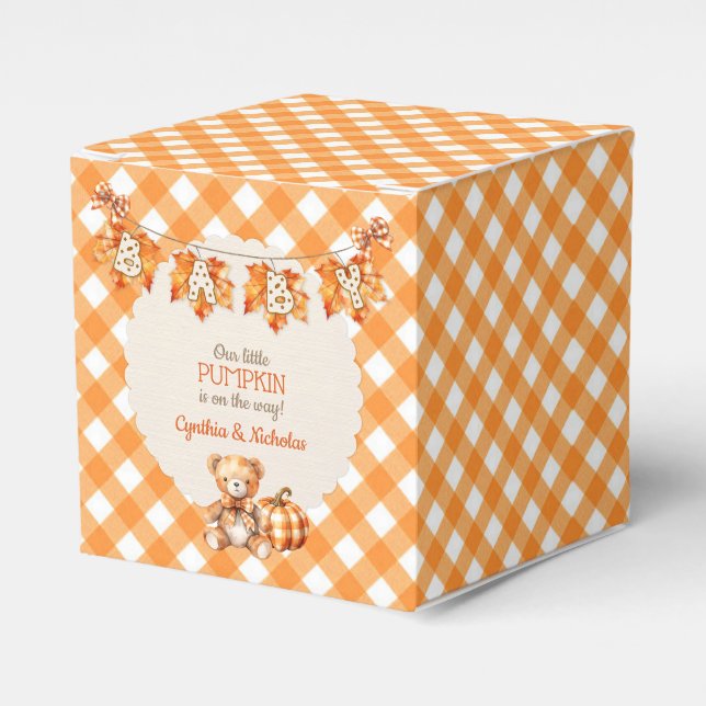 Autumn Plaid Teddy Bear Pumpkin Leaves Favor Boxes (Front Side)
