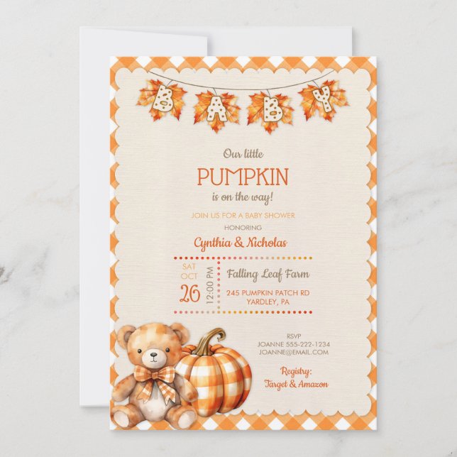 Autumn Plaid Teddy Bear Pumpkin Leaves Invitation (Front)
