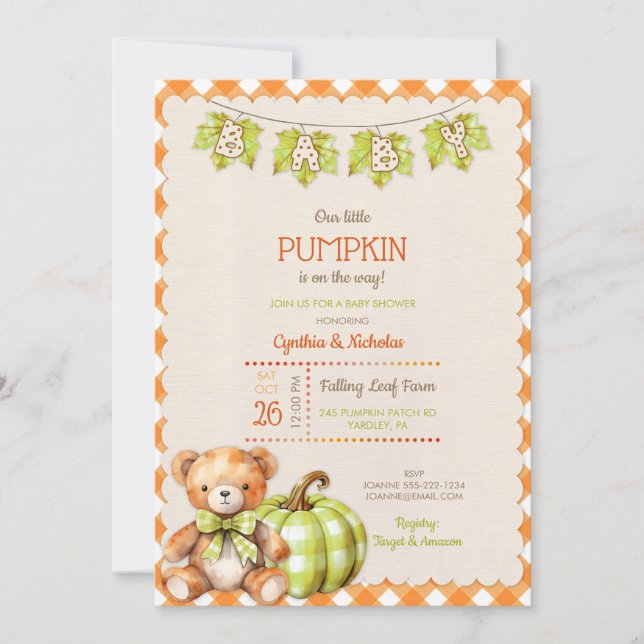 Autumn Plaid Teddy Bear Pumpkin Leaves Invitation (Front)
