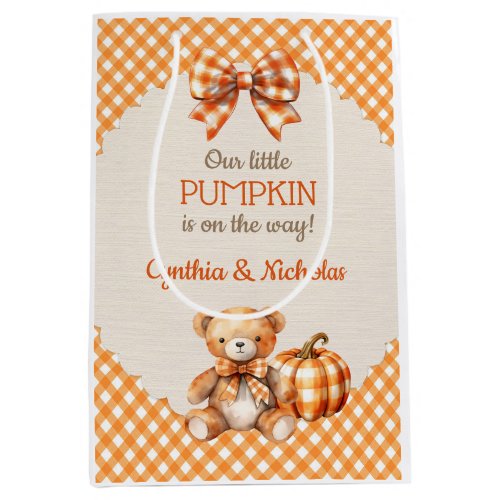 Autumn Plaid Teddy Bear Pumpkin Leaves Medium Gift Bag