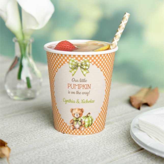 Autumn Plaid Teddy Bear Pumpkin Leaves Paper Cups (Insitu)