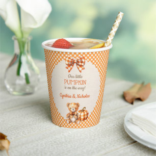 Autumn Plaid Teddy Bear Pumpkin Leaves Paper Cups