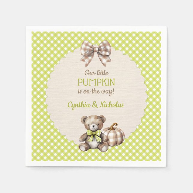 Autumn Plaid Teddy Bear Pumpkin Napkins (Front)