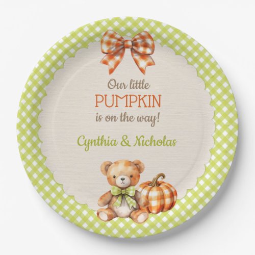 Autumn Plaid Teddy Bear Pumpkin Paper Plates