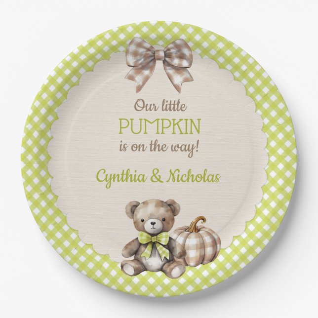 Autumn Plaid Teddy Bear Pumpkin Paper Plates (Front)