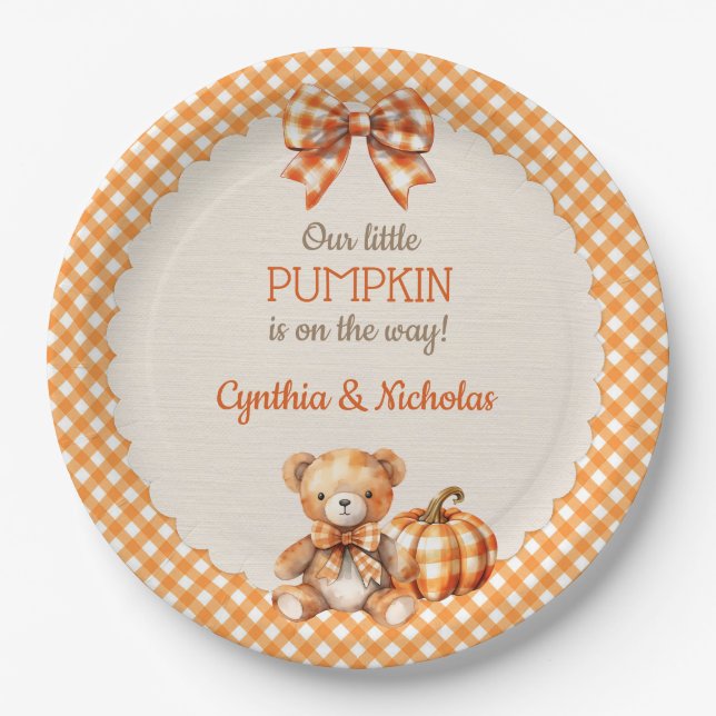 Autumn Plaid Teddy Bear Pumpkin Paper Plates (Front)