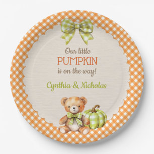 Autumn Plaid Teddy Bear Pumpkin Paper Plates