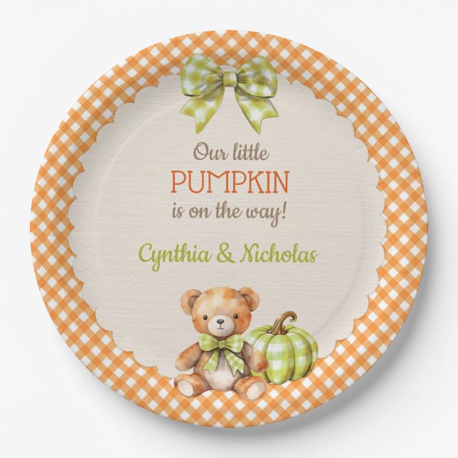 Autumn Plaid Teddy Bear Pumpkin Paper Plates (Front)