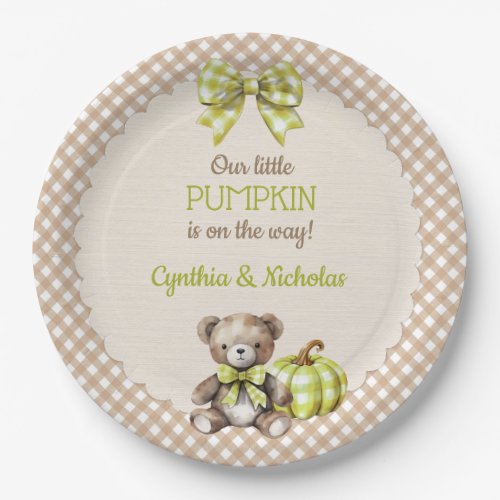 Autumn Plaid Teddy Bear Pumpkin Paper Plates