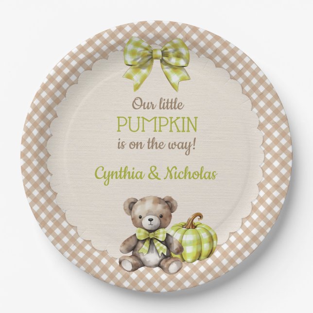 Autumn Plaid Teddy Bear Pumpkin Paper Plates (Front)