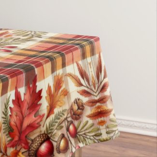 Autumn Plaid with Leaves and Acorns  Tablecloth