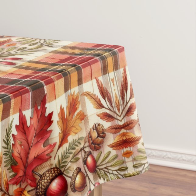 Autumn Plaid with Leaves and Acorns  Tablecloth (In Situ)