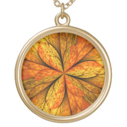 Autumn Plant, Modern Abstract Fractal Art Leaf Gold Plated Necklace