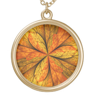 Autumn Plant, Modern Abstract Fractal Art Leaf Gold Plated Necklace