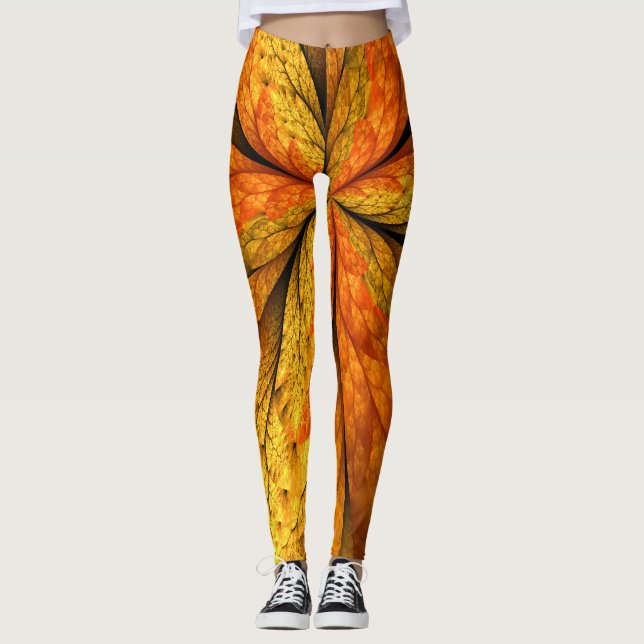 Autumn Plant, Modern Abstract Fractal Art Leaf Leggings (Front)