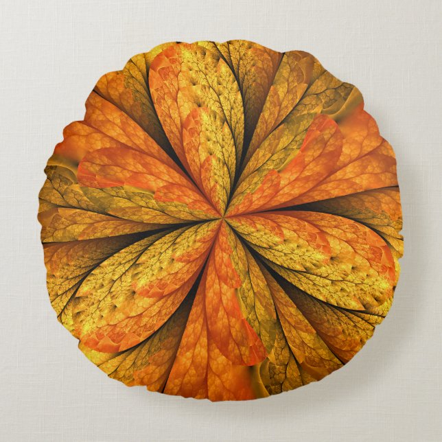 Autumn Plant, Modern Abstract Fractal Art Leaf Round Pillow (Front)