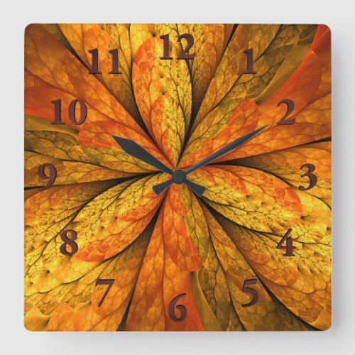 Autumn Plant Modern Abstract Fractal Art Leaf Square Wall Clock