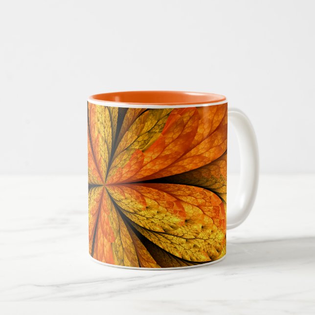 Autumn Plant, Modern Abstract Fractal Art Leaf Two-Tone Coffee Mug (Front Right)