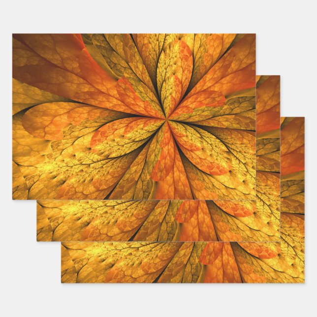 Autumn Plant, Modern Abstract Fractal Art Leaf Wrapping Paper Sheets (Set)