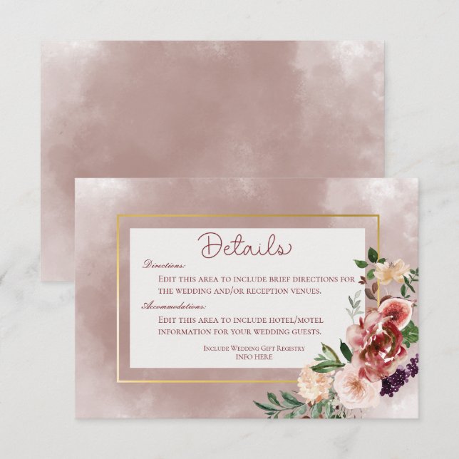 Autumn Plum Floral Bouquet Wedding Details Enclosure Card (Front/Back)
