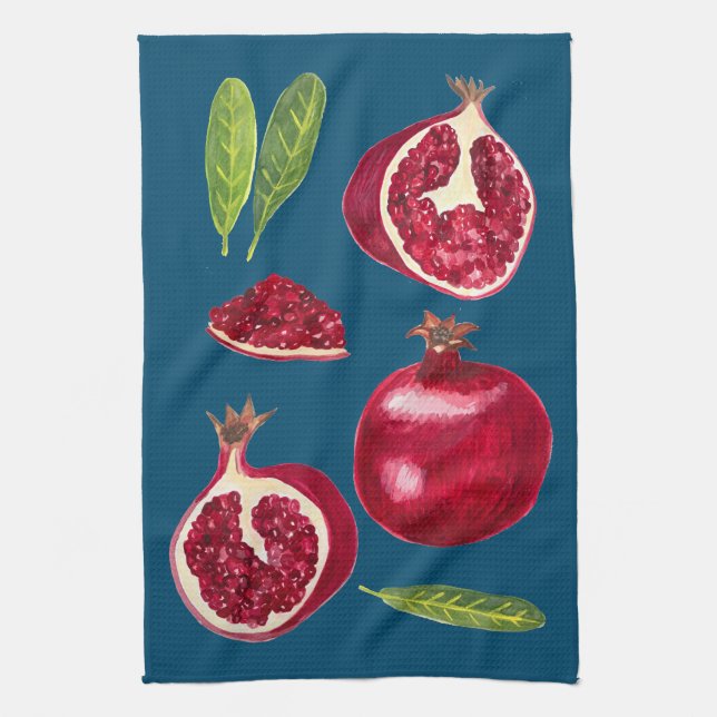 Autumn Pomegranates Watercolor Painting Kitchen Towel (Vertical)