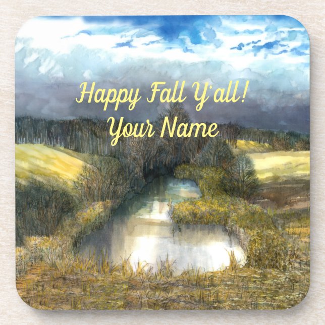 Autumn pond watercolor beverage coaster (Front)