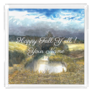 Autumn pond watercolor painting acrylic tray