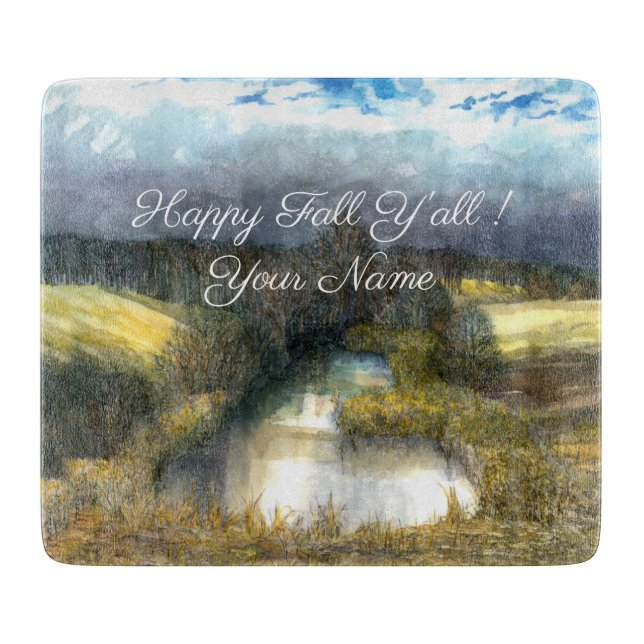 Autumn pond watercolor painting cutting board (Front)