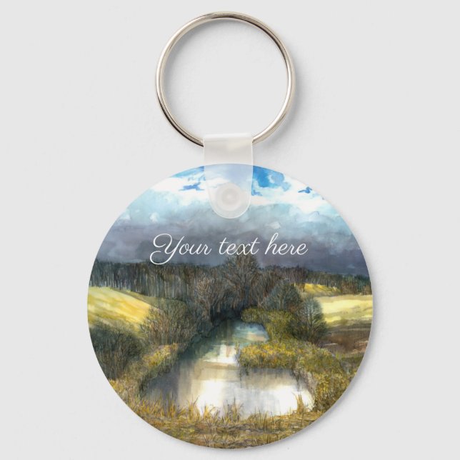 Autumn pond watercolor painting keychain (Front)