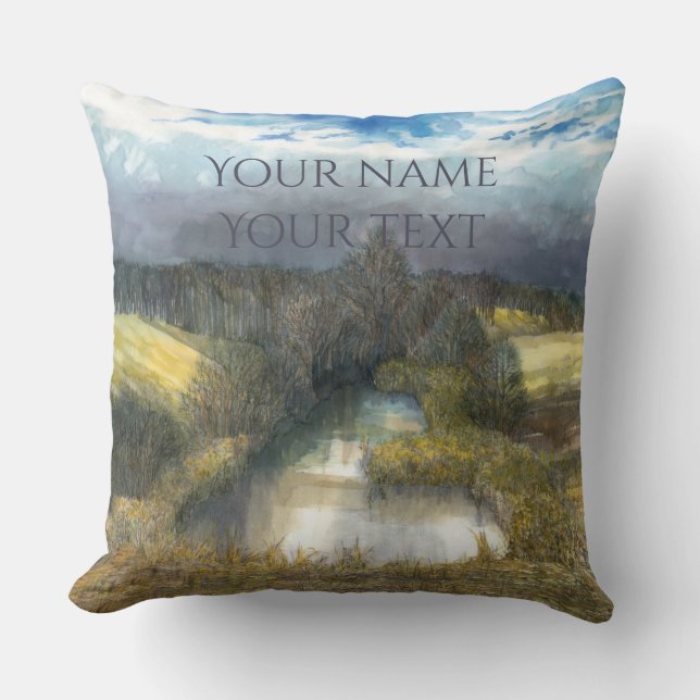 autumn pond watercolor painting throw pillow (Front)