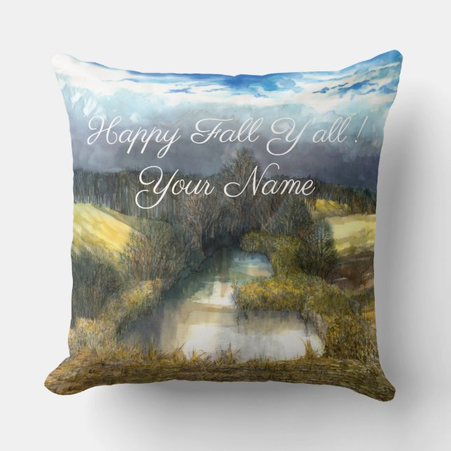 Autumn pond watercolor painting throw pillow (Front)