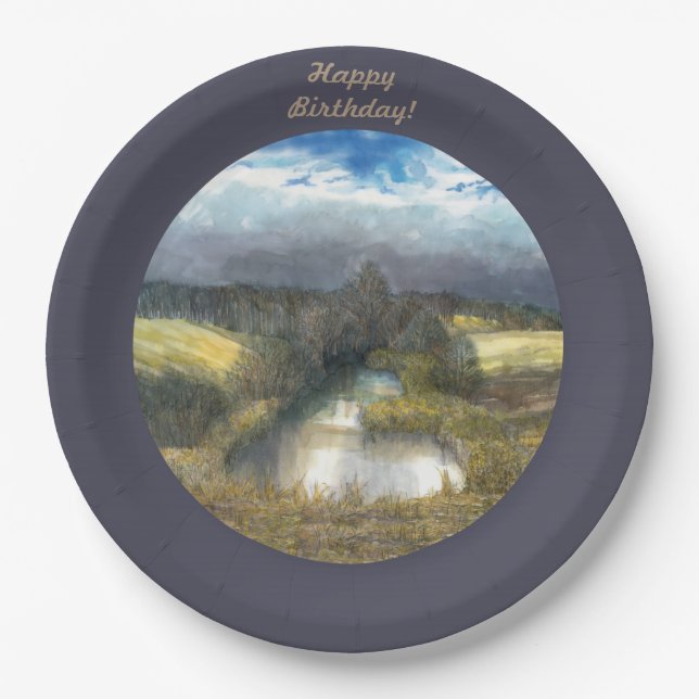 autumn pond watercolor paper plates (Front)