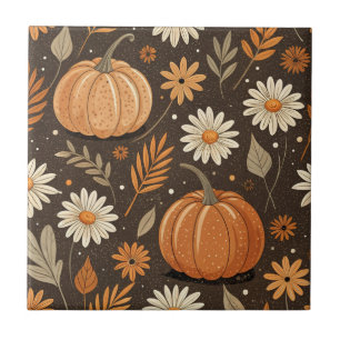 Autumn Pumpkin and Daisy Floral Pattern Ceramic Tile