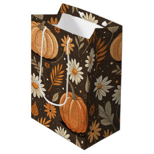 Autumn Pumpkin and Daisy Floral Pattern Medium Gift Bag